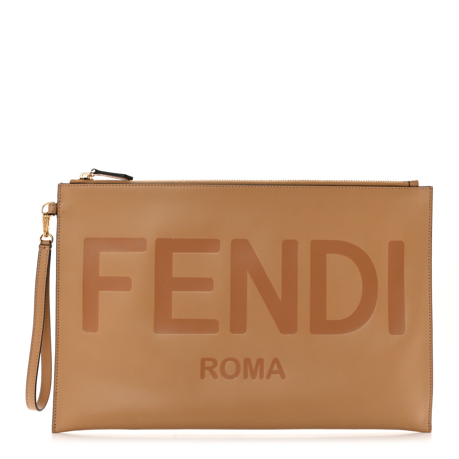 Fendi Vitello King Logo Embossed Large Flat Pouch Miele Scuro 1 of 8