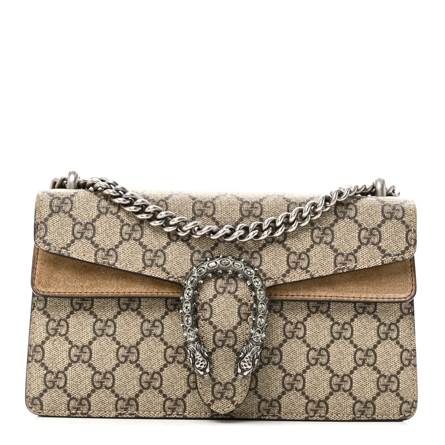 GG Supreme Monogram Suede Crystal Small Dionysus Shoulder Bag Beige Ebony Taupe