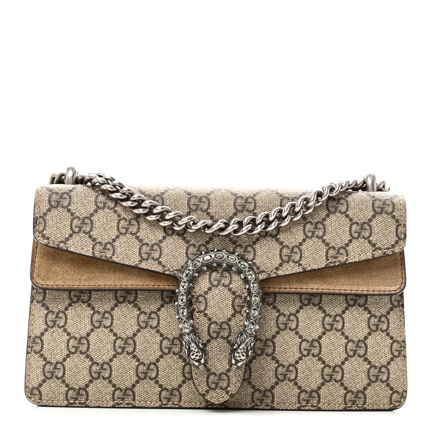 Gucci GG Supreme Monogram Suede Crystal Small Dionysus Shoulder Bag Beige Ebony Taupe 1 of 10