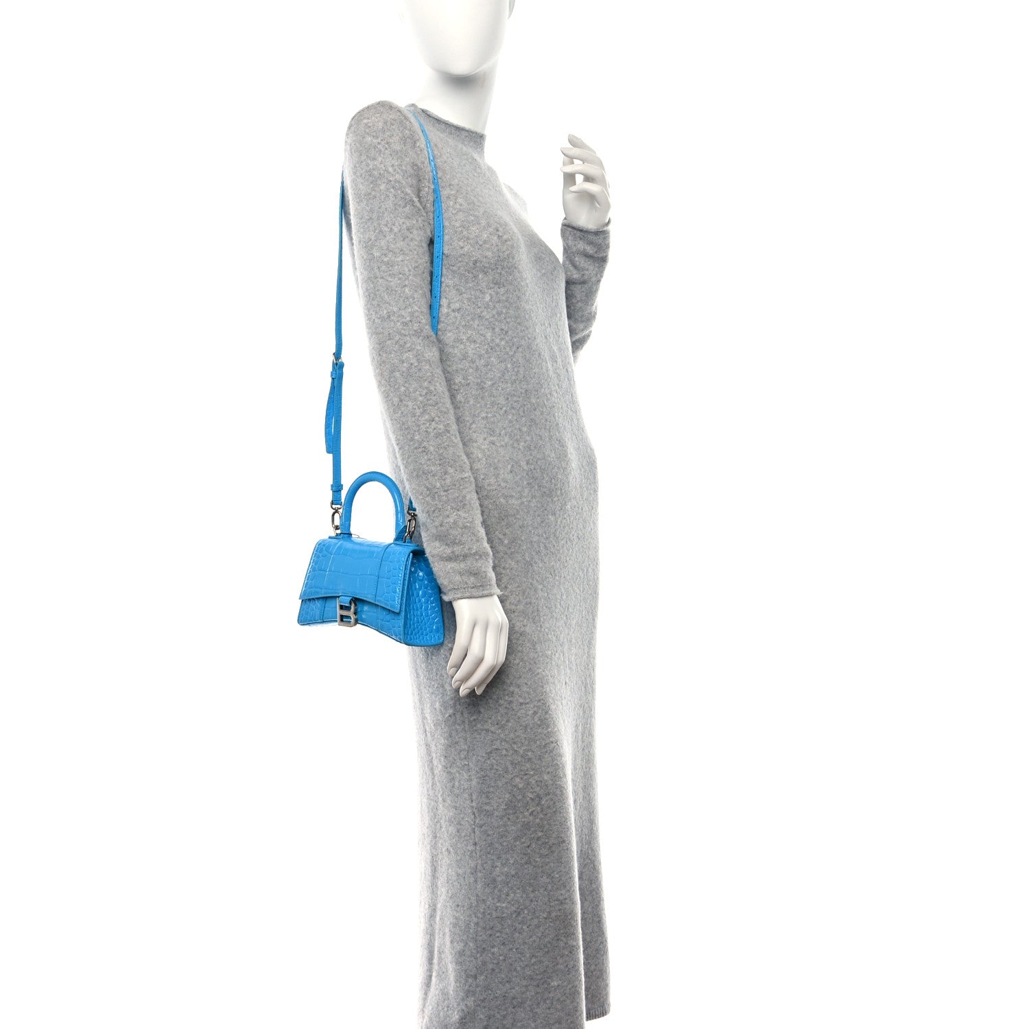Balenciaga Shiny Calfskin Crocodile Embossed Hourglass Top Handle Bag XS Cyan 2 of 11