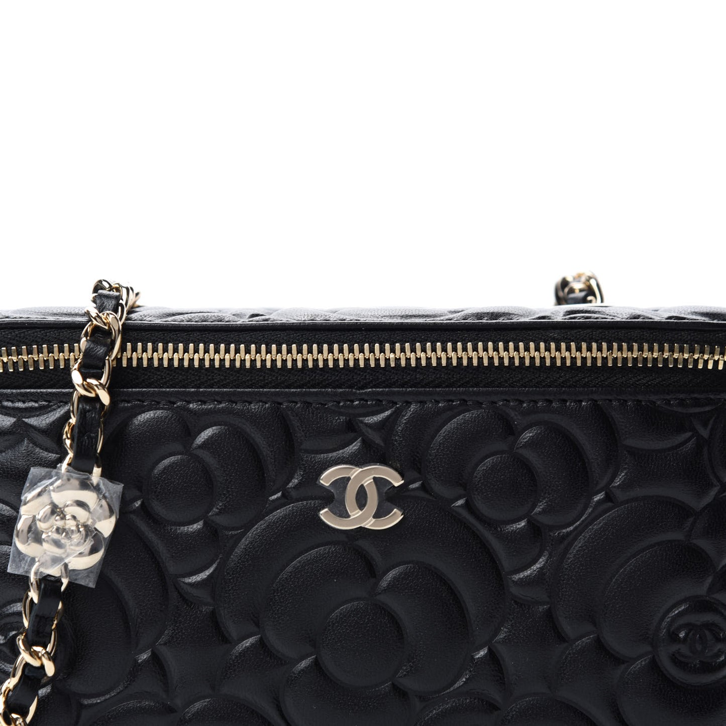 Lambskin Camellia Embossed Small Vanity Case With Chain Black