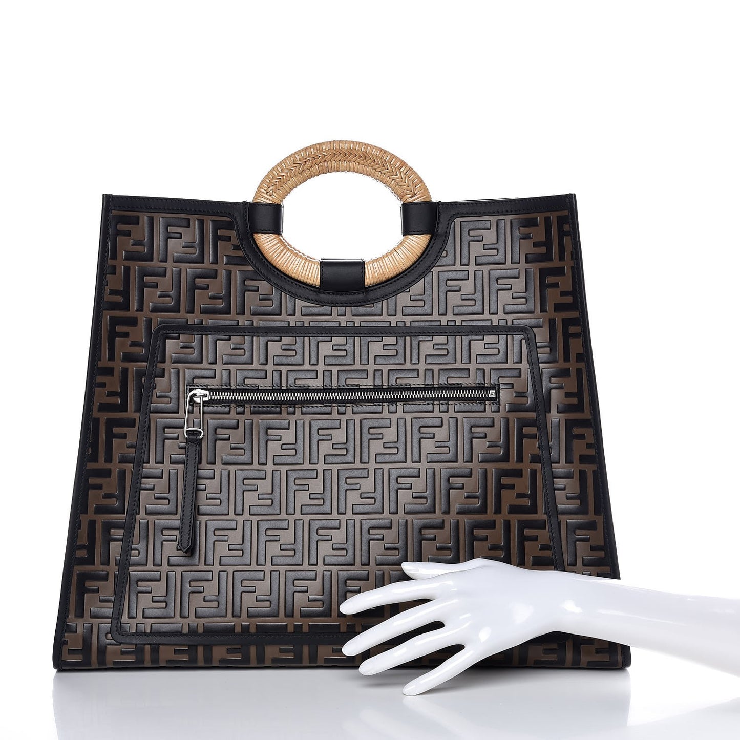 Vitello Century Wicker Bi-Color FF 1974 Embossed Large Runaway Shopper Tote Maya Black