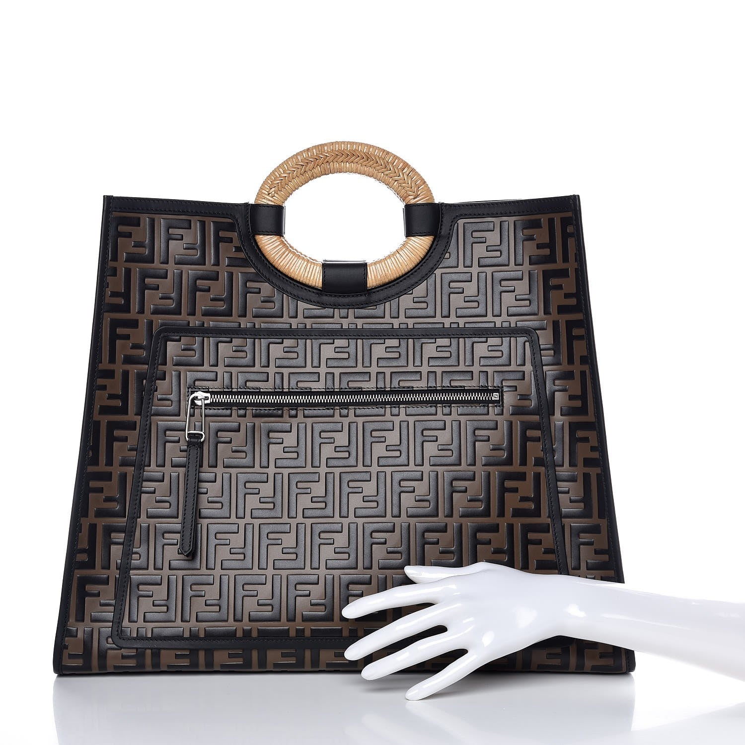Fendi Vitello Century Wicker Bi-Color FF 1974 Embossed Large Runaway Shopper Tote Maya Black 2 of 7