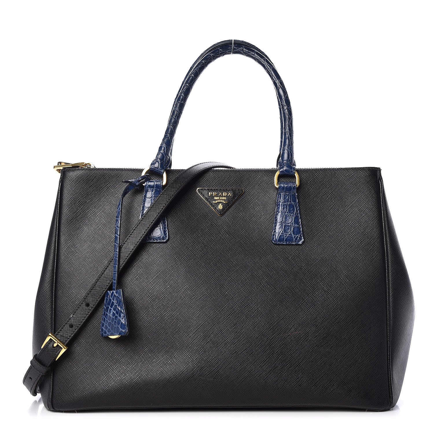 Prada Saffiano Crocodile Medium Galleria Double Zip Tote Black Bleuette 1 of 8