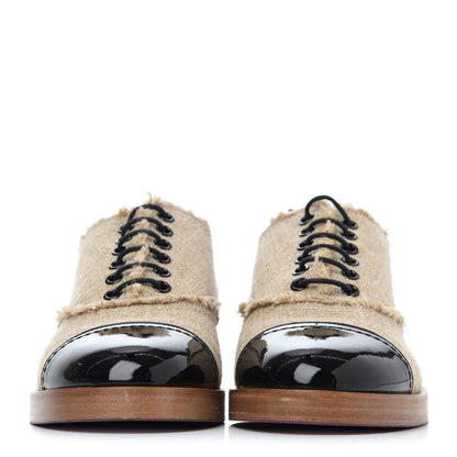 Chanel Fabric Patent Calfskin Lace Up Cap Toe Oxfords 39.5 Beige Black 4 of 18