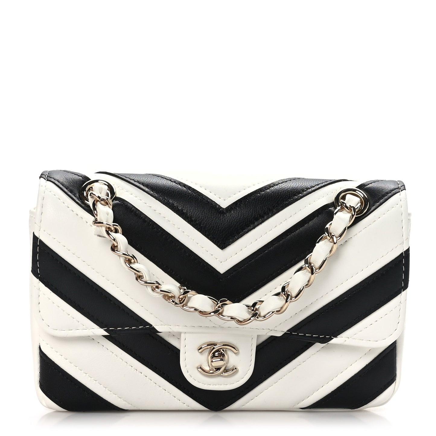 Lambskin Chevron Stitched Flap White Black
