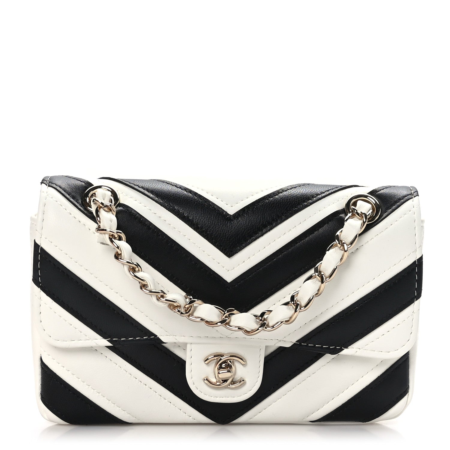 Chanel Lambskin Chevron Stitched Flap White Black 1 of 12