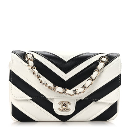 Chanel Lambskin Chevron Stitched Flap White Black 1 of 12