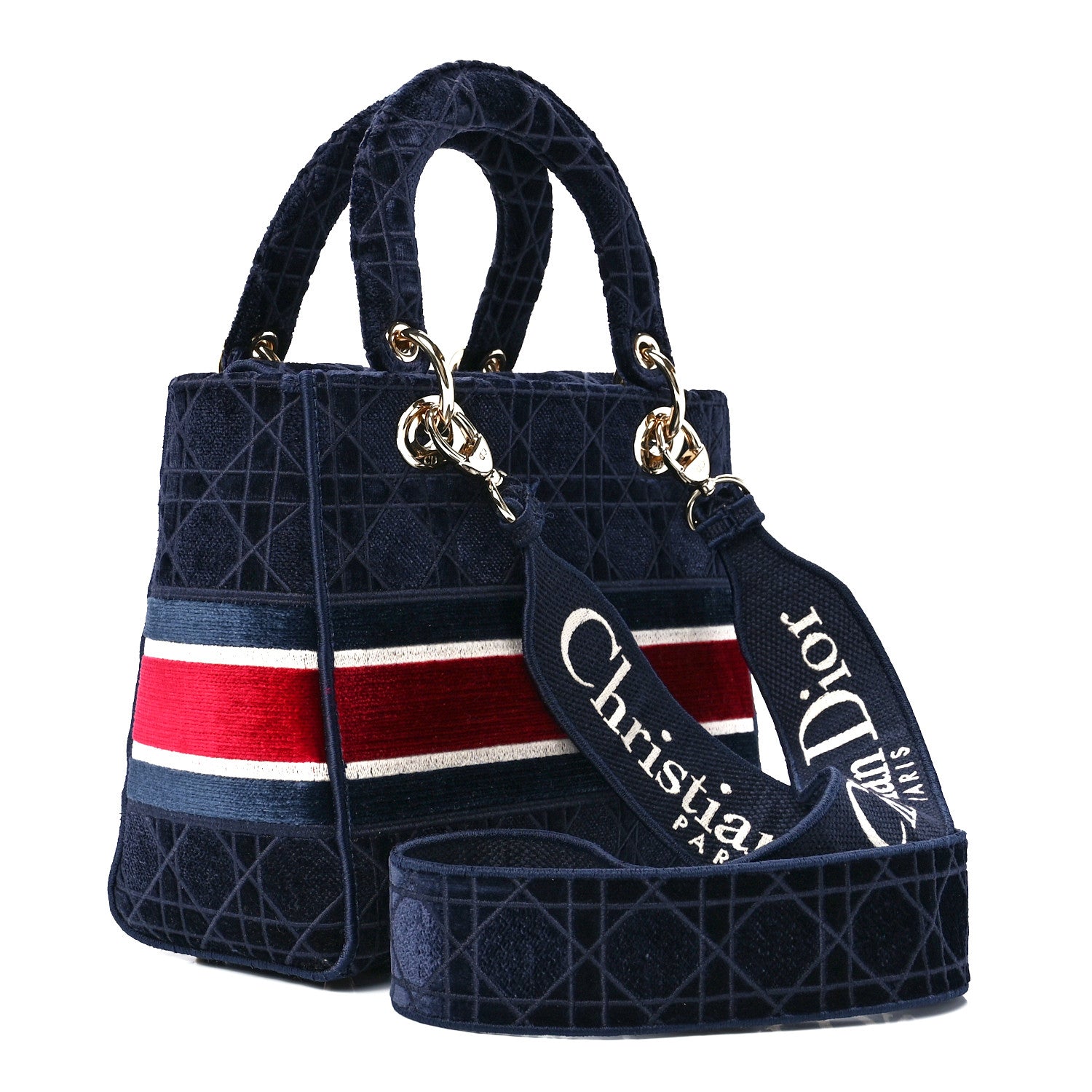 Christian Dior Velvet Cannage Medium Lady D-Lite Blue Red White 3 of 11