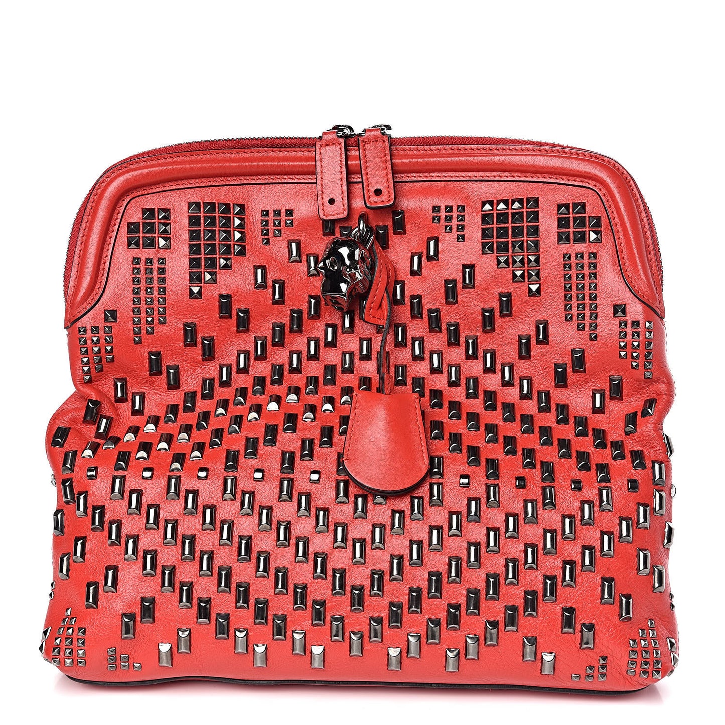 Calfskin Studded Padlock Skull Fold Over Clutch Red