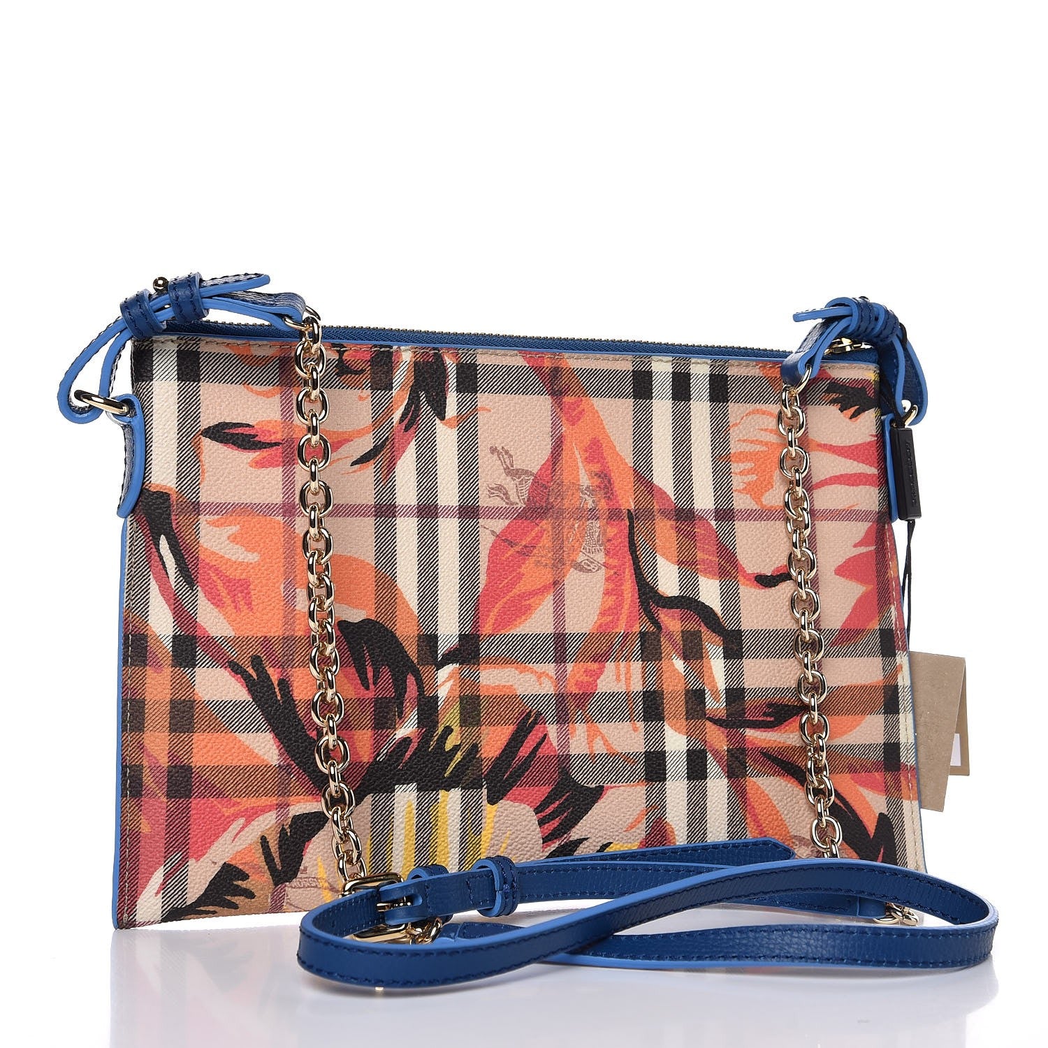 Burberry Haymarket Check Floral Print Peyton Wristlet Mineral Blue Burnt Orange 3 of 8