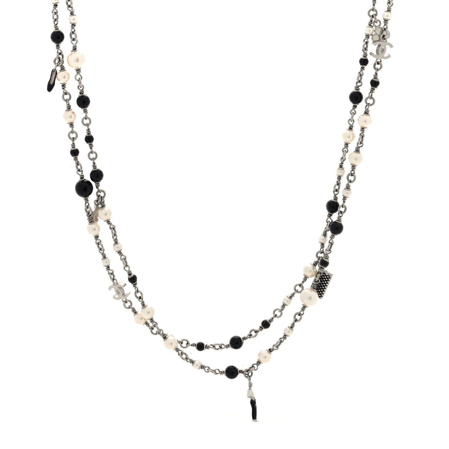 Chanel Pearl Beaded CC Charm Long Necklace Silver Black 1 of 4