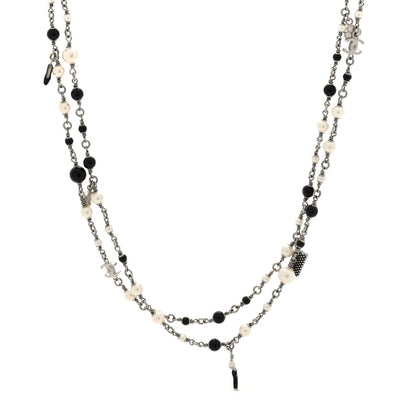 Chanel Pearl Beaded CC Charm Long Necklace Silver Black 1 of 4