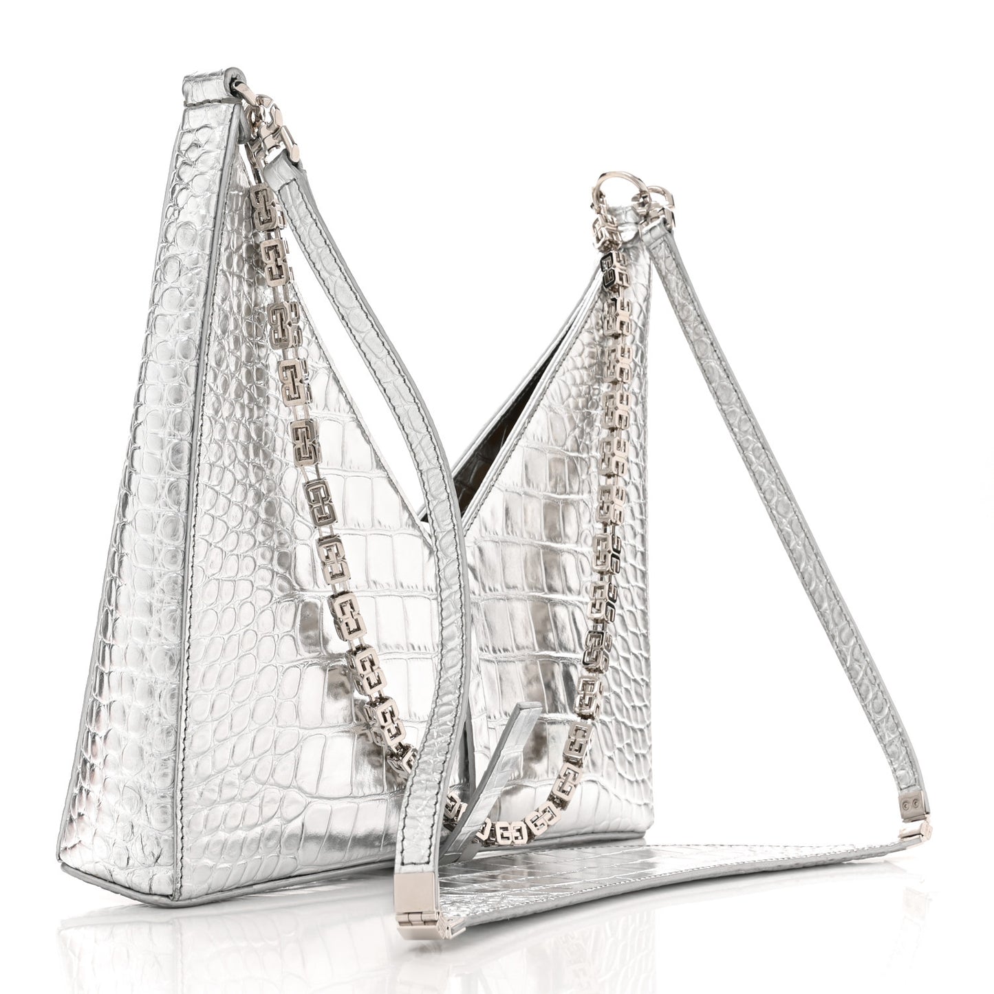 Metallic Calfskin Croc Embossed Small Cut Out Shoulder Bag Silver