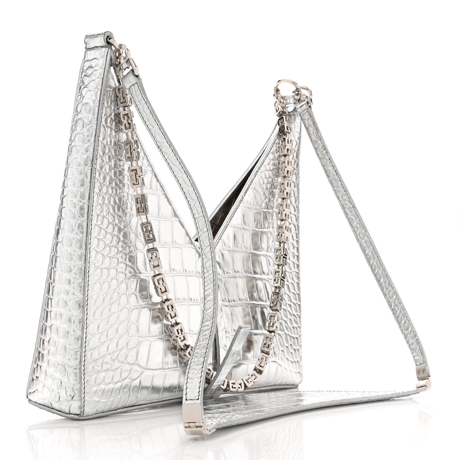 Givenchy Metallic Calfskin Croc Embossed Small Cut Out Shoulder Bag Silver 3 of 10