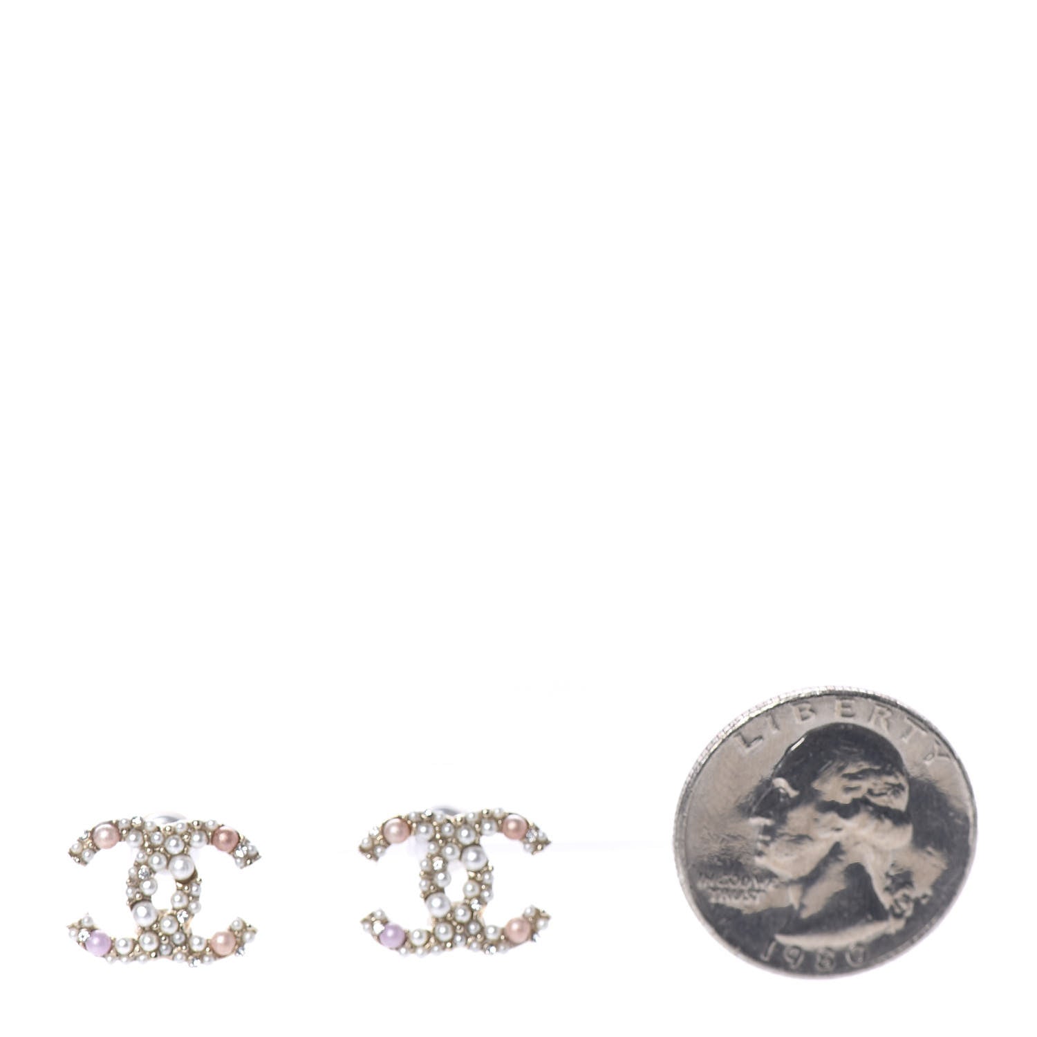 Chanel Pearl Crystal CC Charms Stud Earrings Light Gold Pink 2 of 5