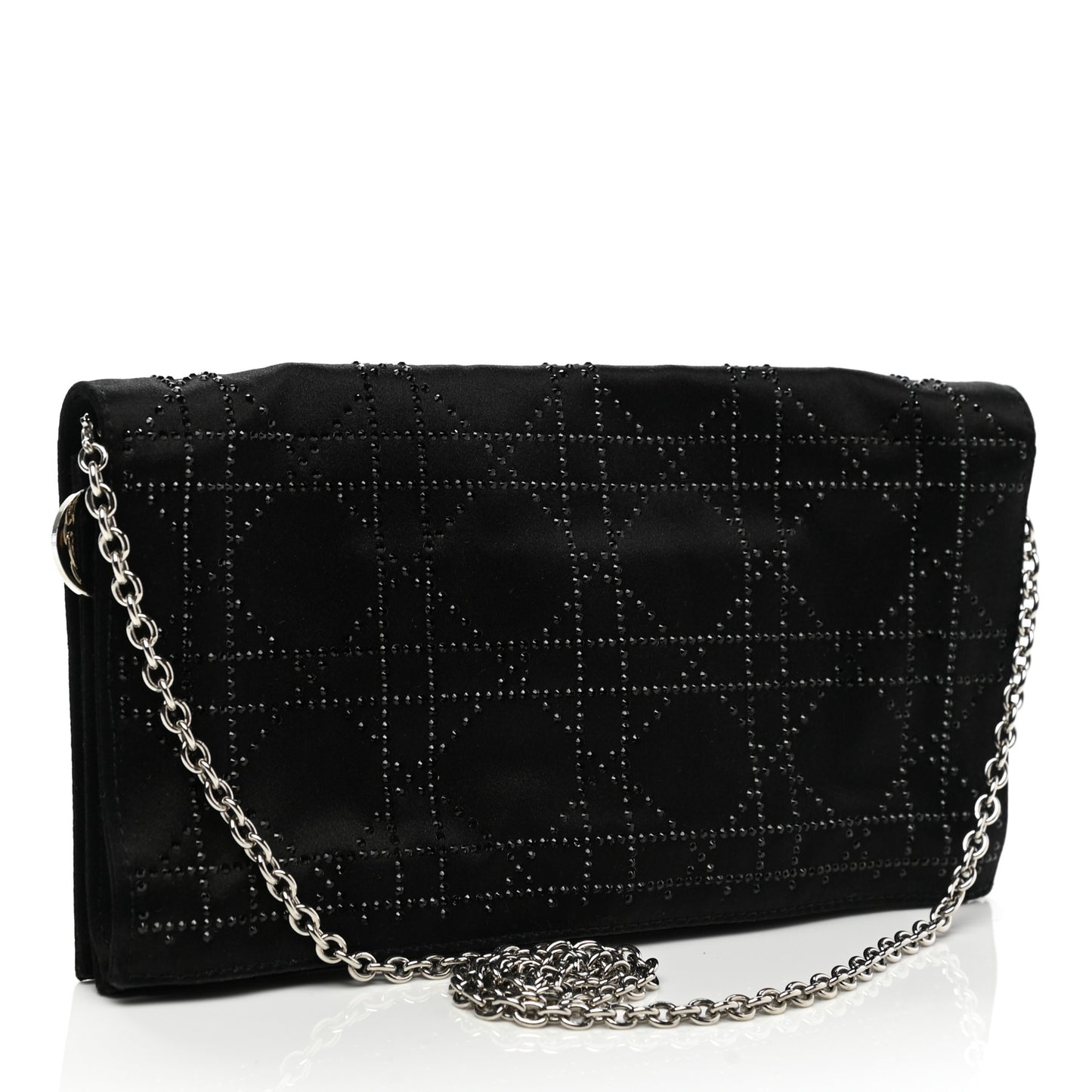 Satin Crystal Cannage Flap Clutch Black