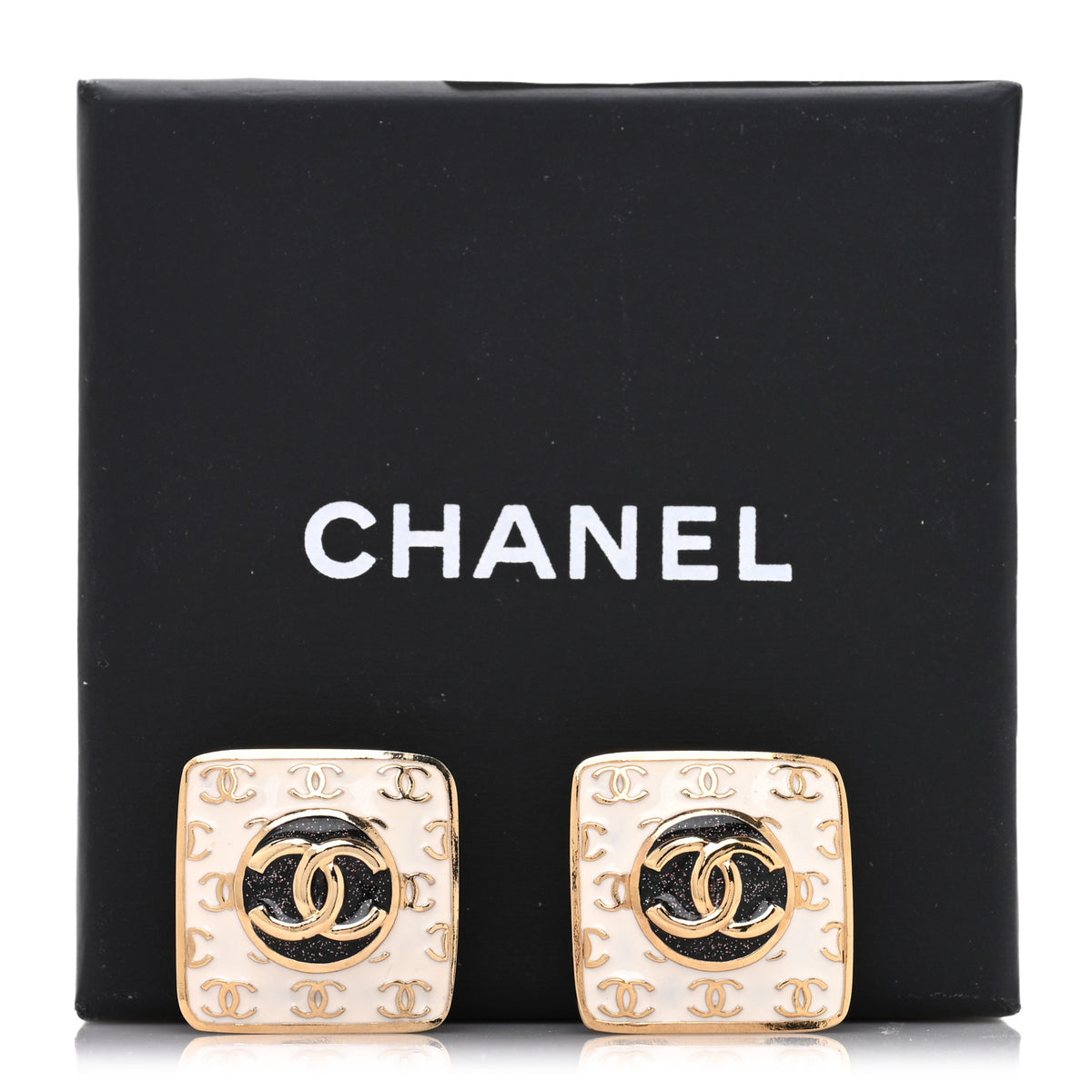 Chanel Metal Glitter Sparkle CC Square Earrings Gold White Black 5 of 5