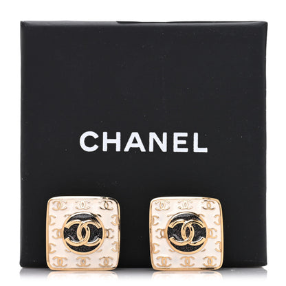 Chanel Metal Glitter Sparkle CC Square Earrings Gold White Black 5 of 5