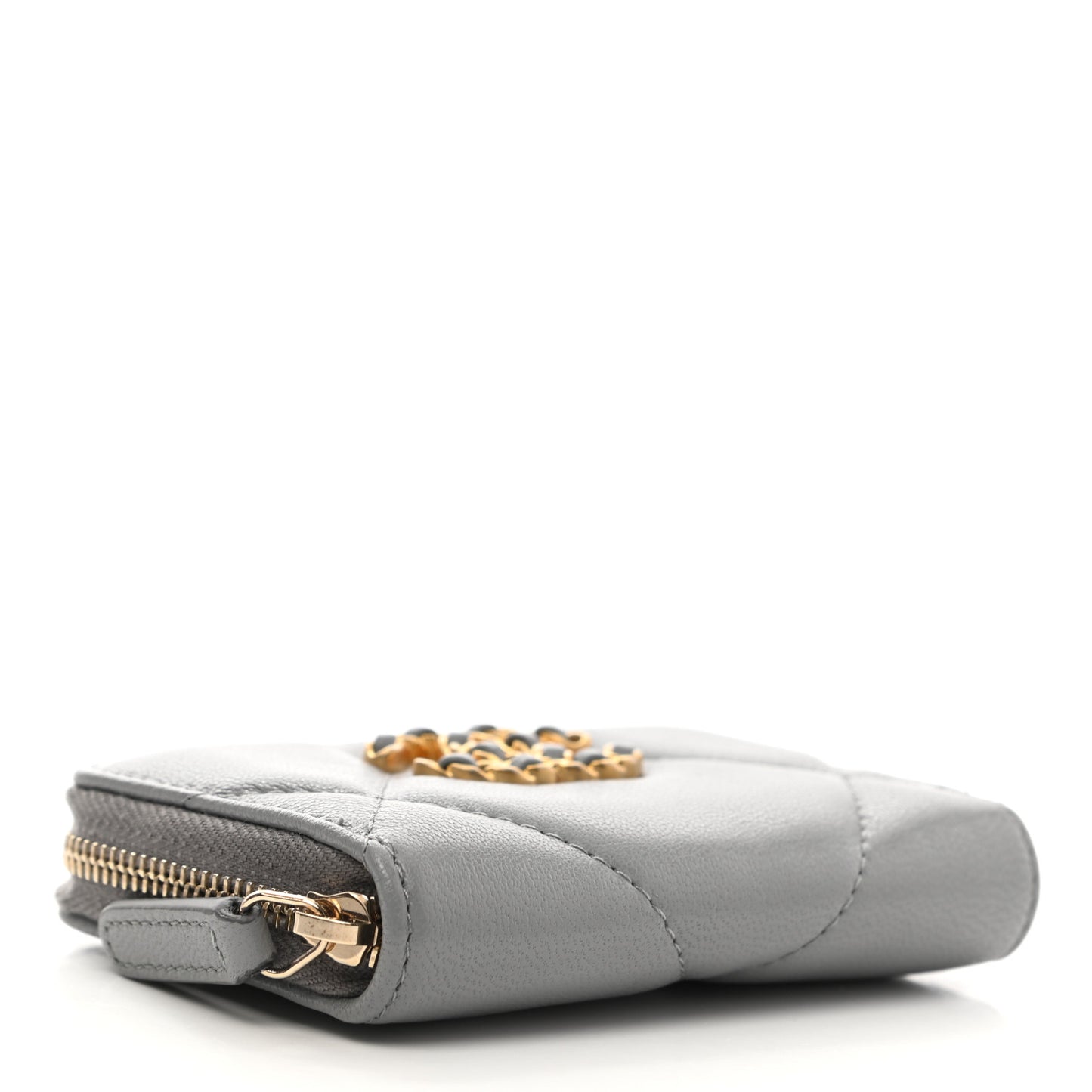 Lambskin Quilted Chanel 19 Zip Around Coin Purse Wallet Grey