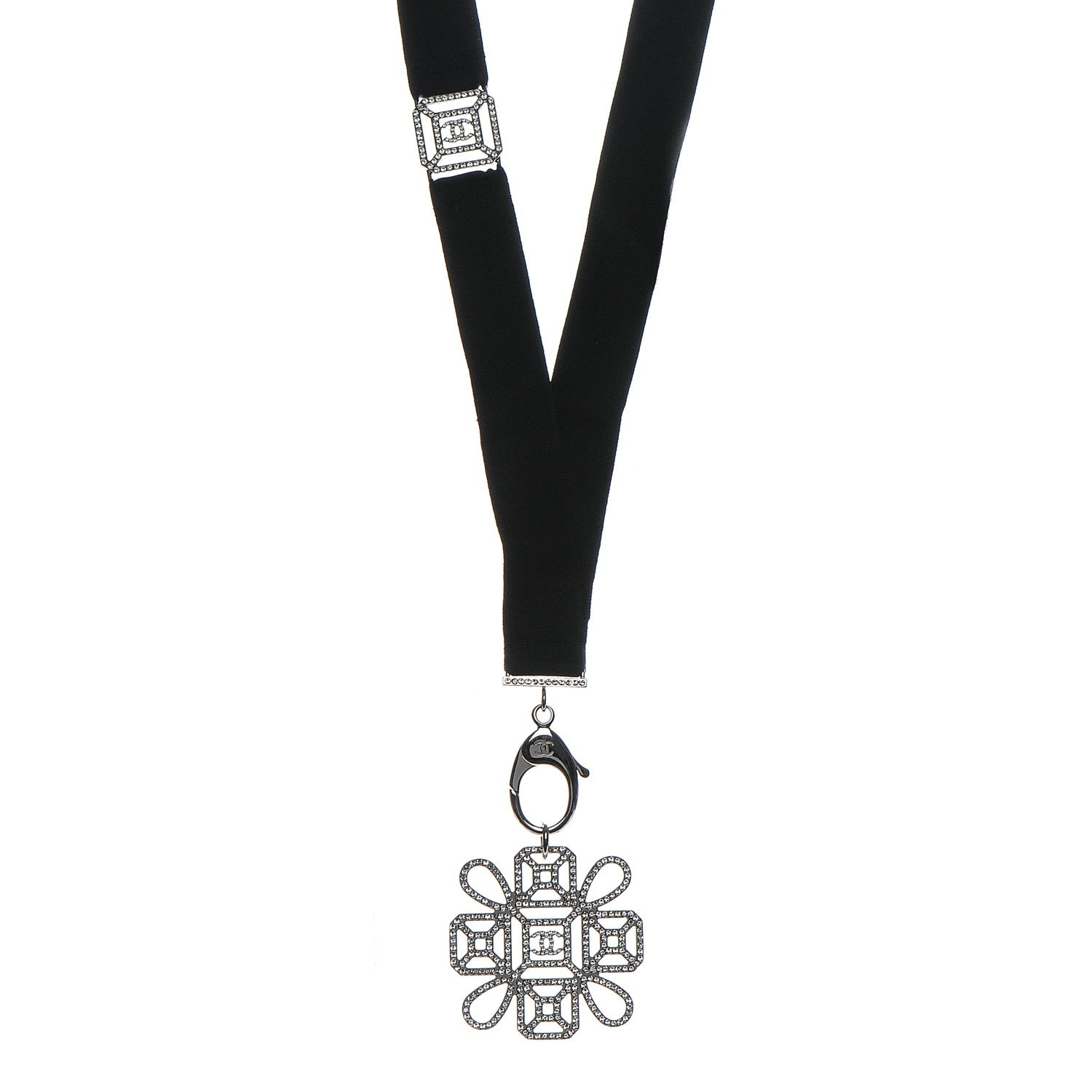 Chanel Crystal CC Lanyard Necklace Black Silver 1 of 5