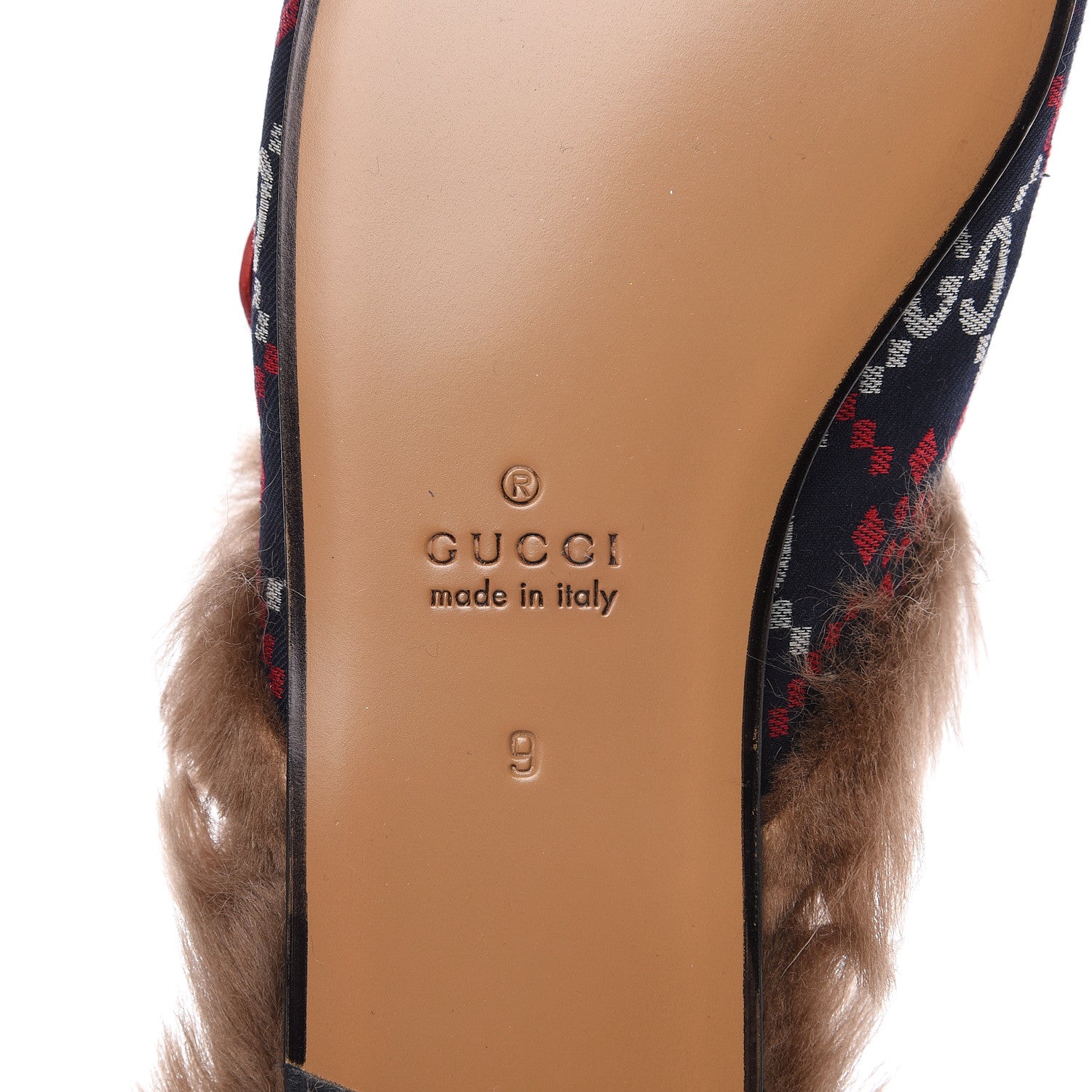 Gucci Canvas GG Monogram Diamond Fur Web GG Mens Princetown Slippers 9 Midnight Blue Hibiscus Red 7 of 8