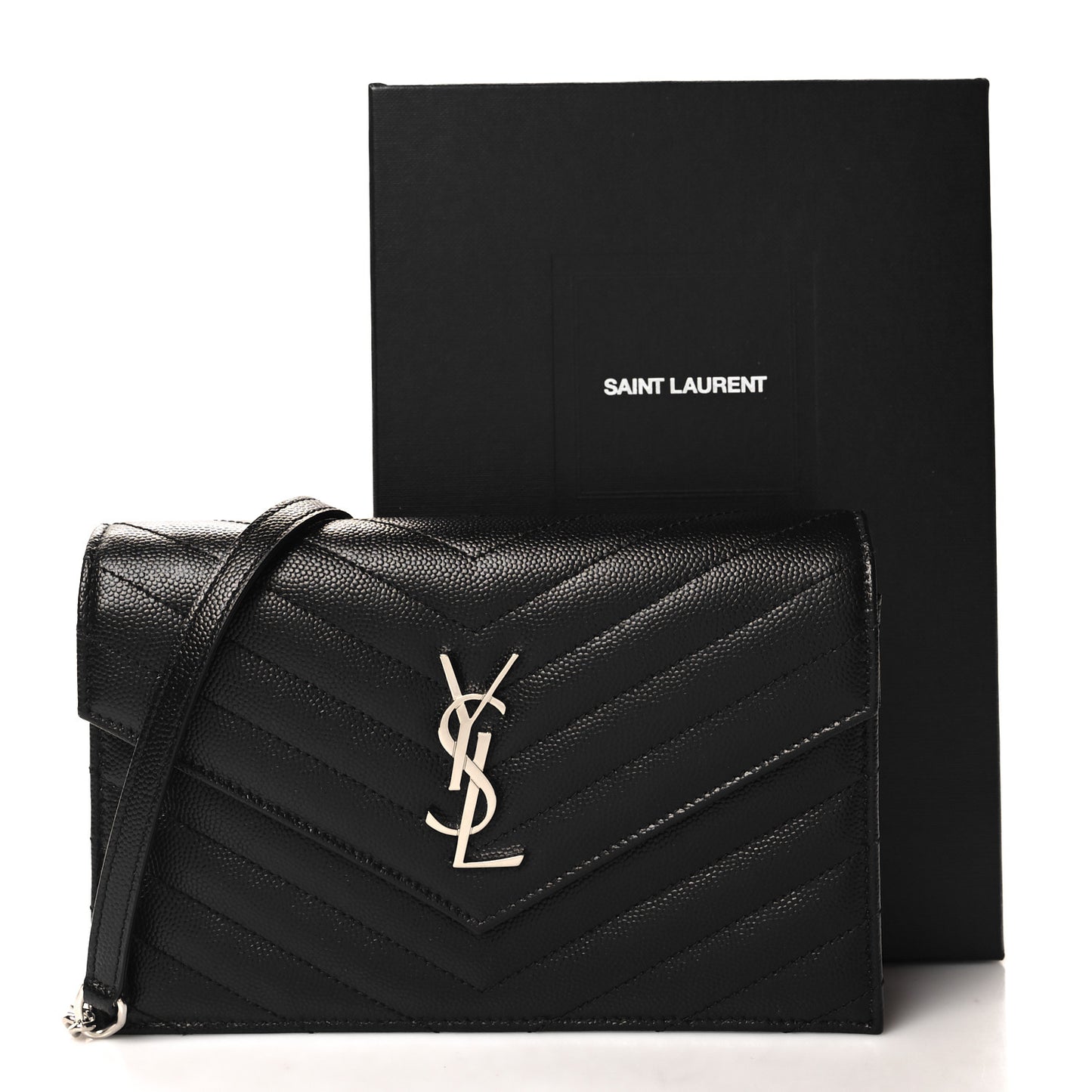 Grain De Poudre Matelasse Chevron Monogram Envelope Chain Wallet Black