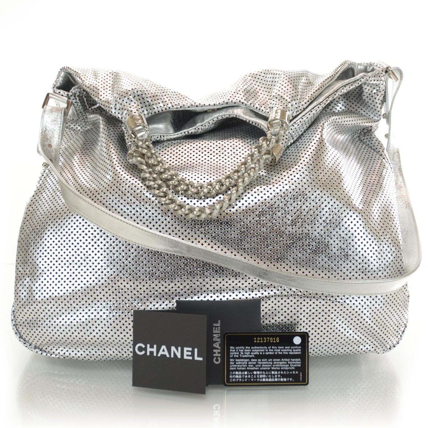 Metallic Glazed Calfskin Perforated XL Rodeo Drive Tote Silver