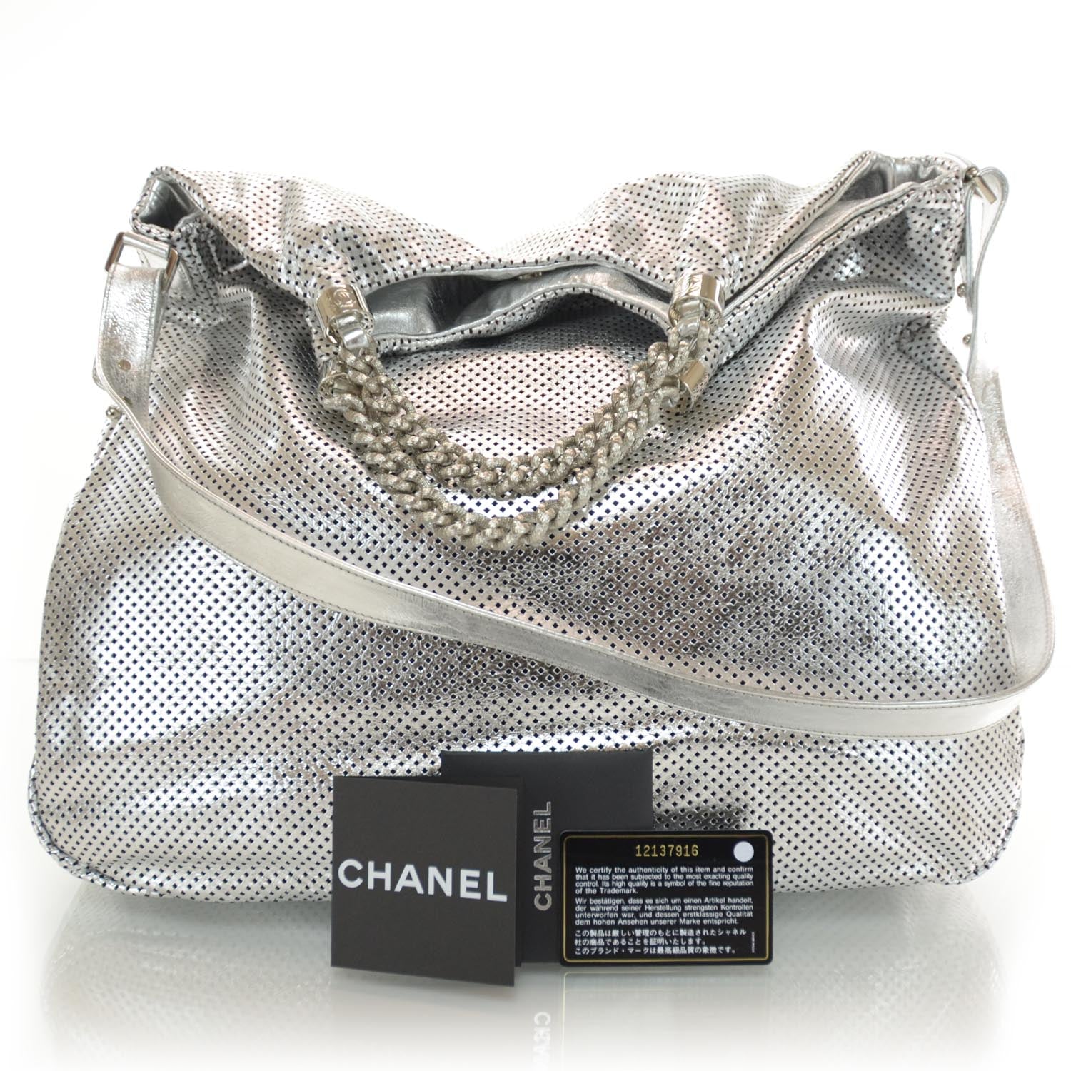 Chanel Metallic Glazed Calfskin Perforated XL Rodeo Drive Tote Silver 3 of 9