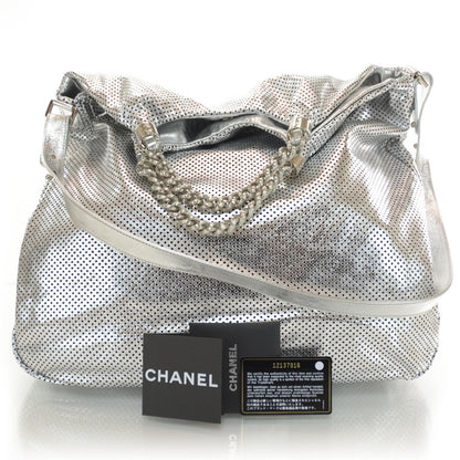 Chanel Metallic Glazed Calfskin Perforated XL Rodeo Drive Tote Silver 3 of 9