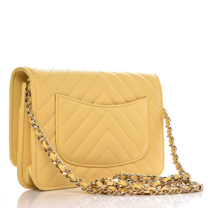 Chanel Lambskin Chevron Quilted Wallet On Chain WOC Yellow 3 of 9