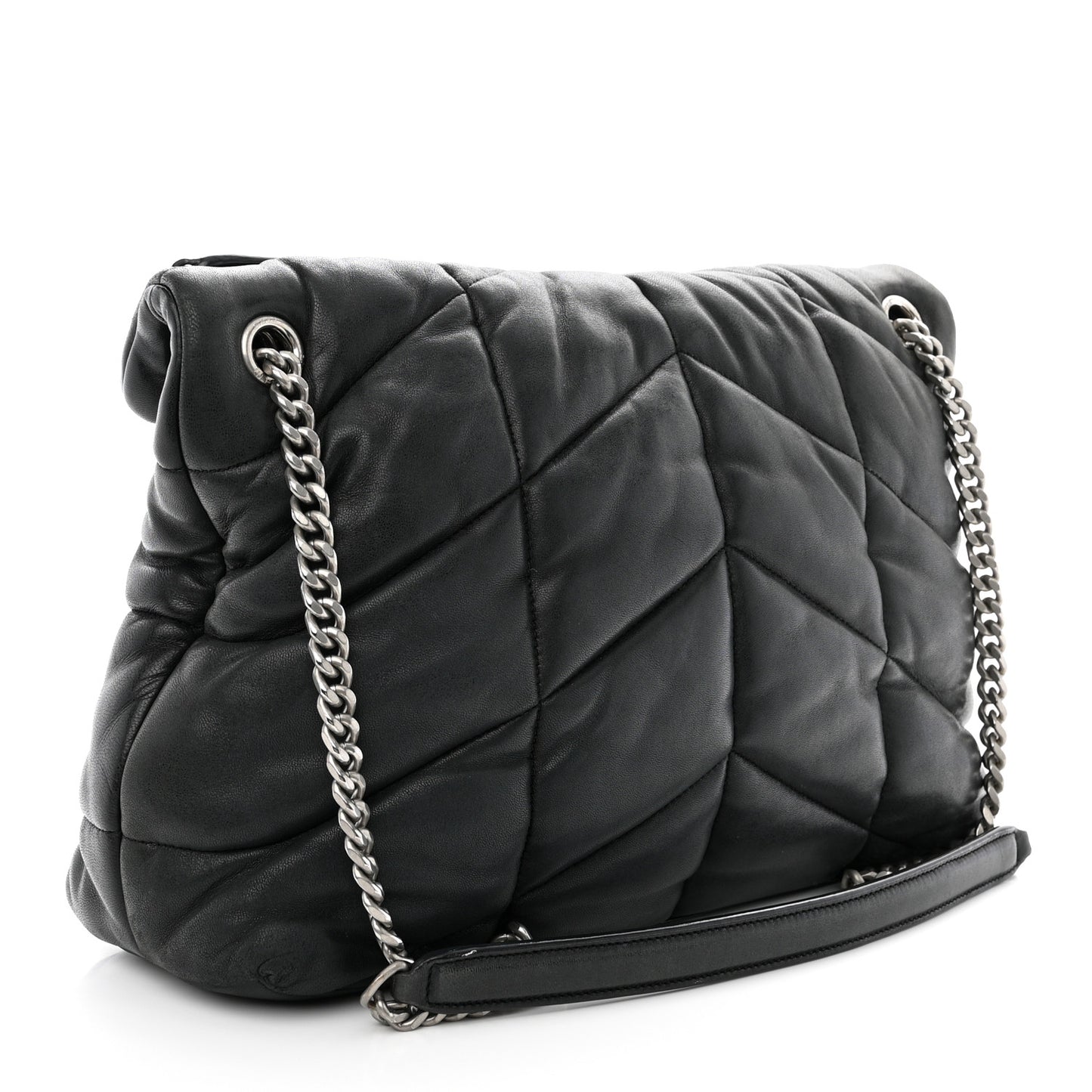 SAINT LAURENT Lambskin Quilted Medium Loulou Puffer Monogram Chain Satchel Black
