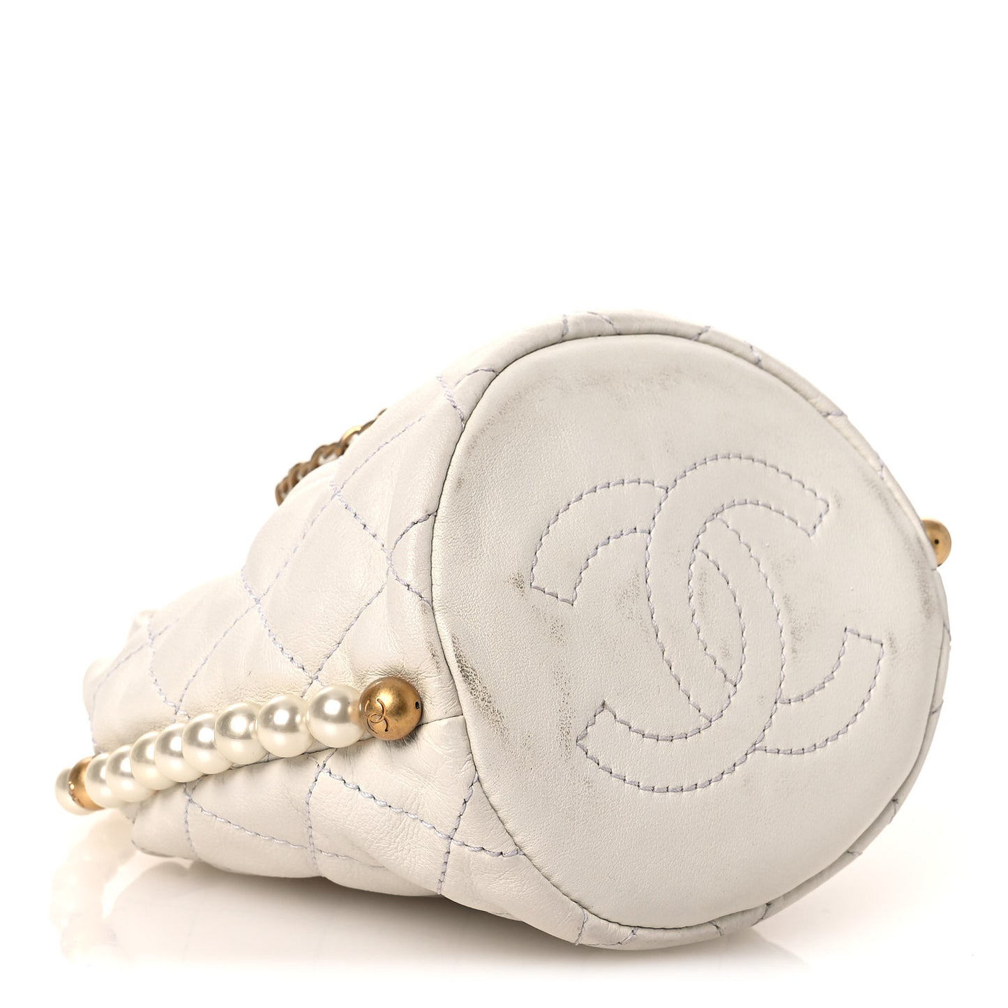 Calfskin Quilted Pearl Mini About Pearls Drawstring Bucket Bag  White