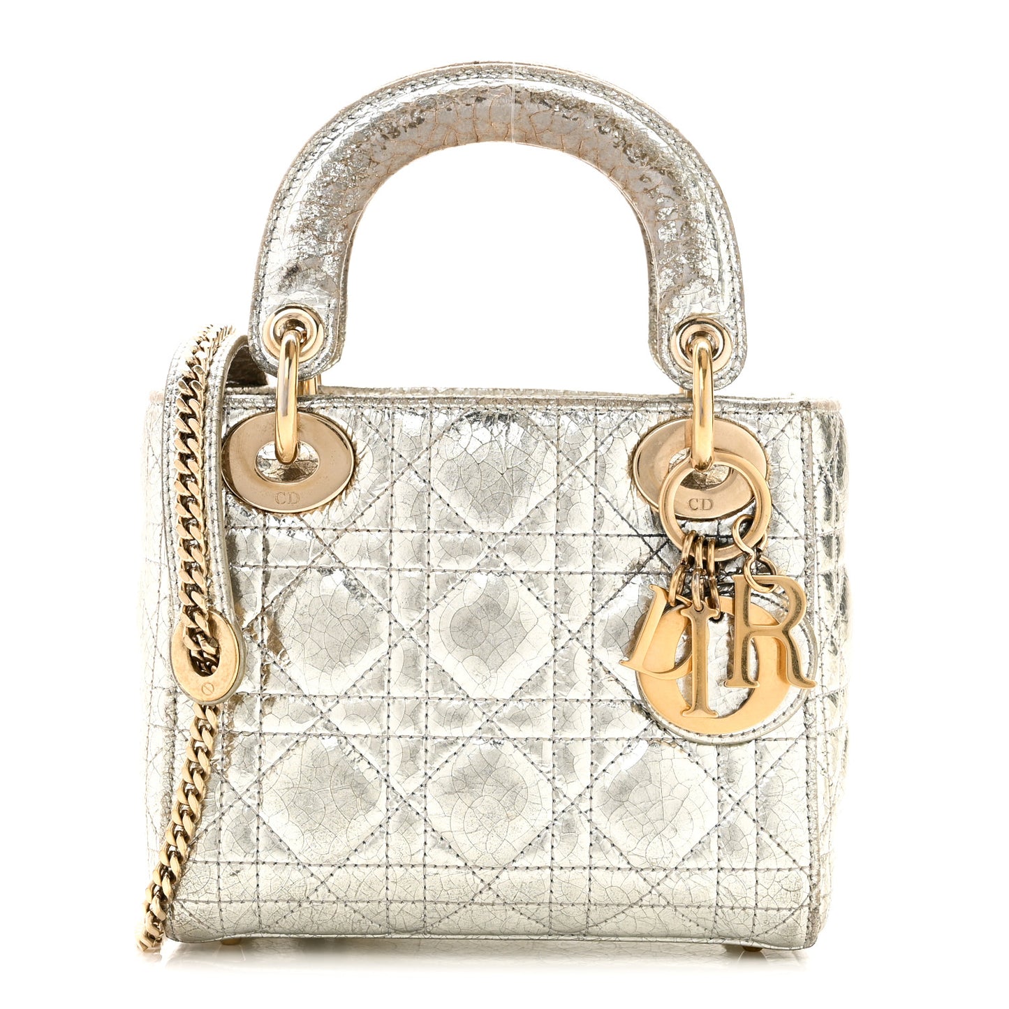 Metallic Crinkled Lambskin Cannage Mini Lady Dior Silver