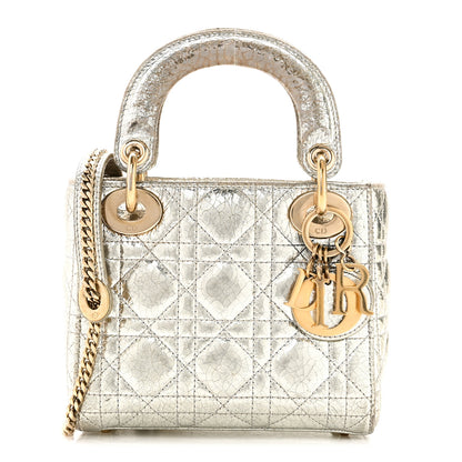 Christian Dior Metallic Crinkled Lambskin Cannage Mini Lady Dior Silver 1 of 10
