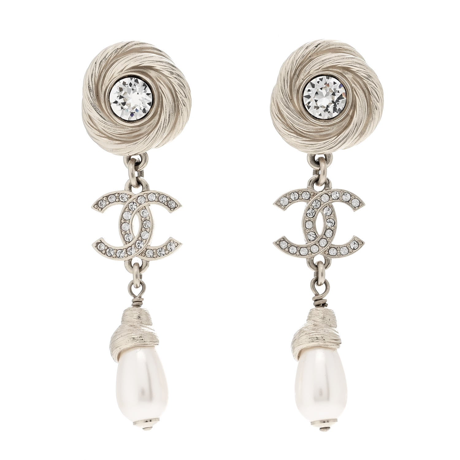 Chanel Metal Crystal Pearl Flower CC Drop Earrings Gold White 1 of 5