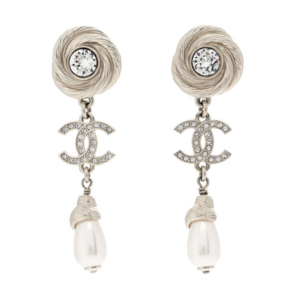 Chanel Metal Crystal Pearl Flower CC Drop Earrings Gold White 1 of 5