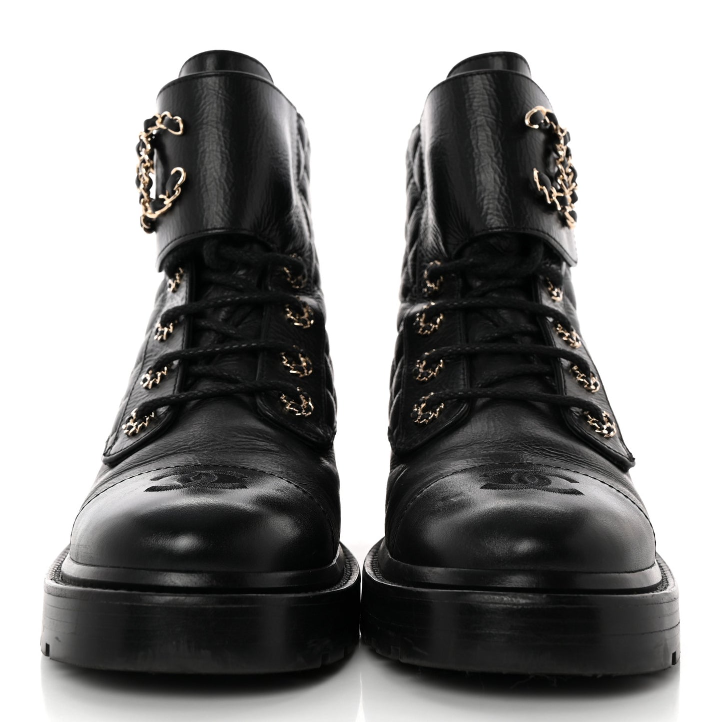 Shiny Calfskin Quilted Lace Up Combat Boots 38 Black