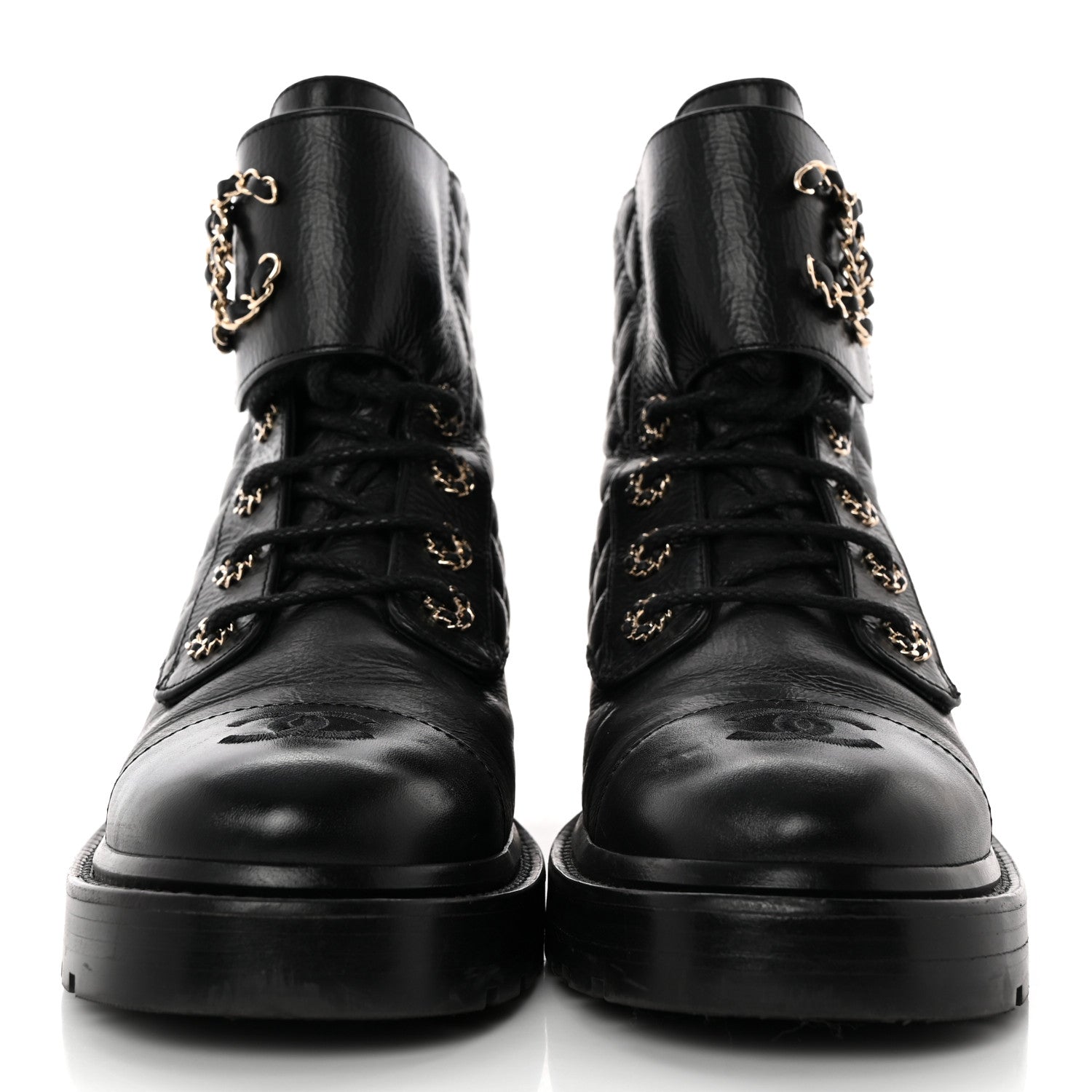 Chanel Shiny Calfskin Quilted Lace Up Combat Boots 38 Black 2 of 14