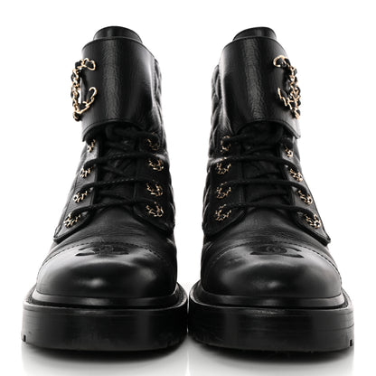 Chanel Shiny Calfskin Quilted Lace Up Combat Boots 38 Black 2 of 14