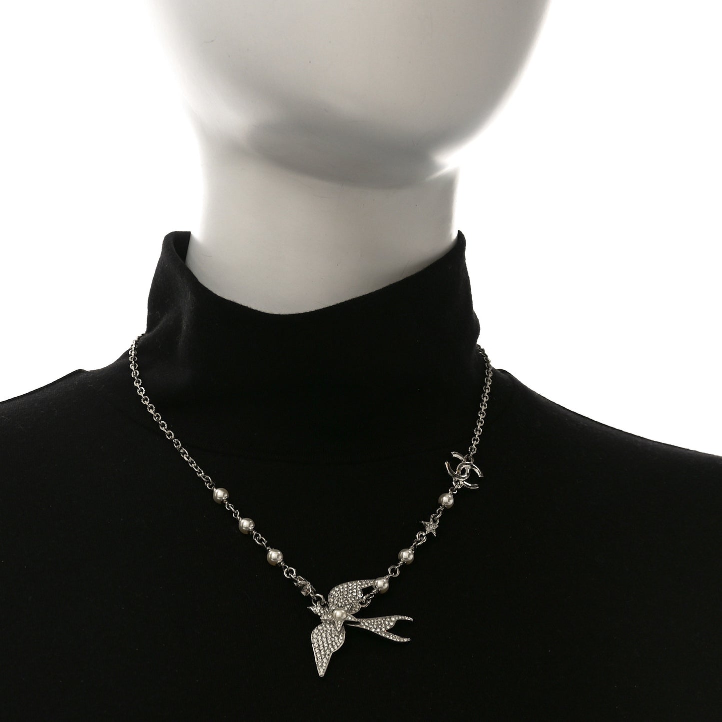 Pearl Crystal CC Star Bird Necklace Silver Pearly White