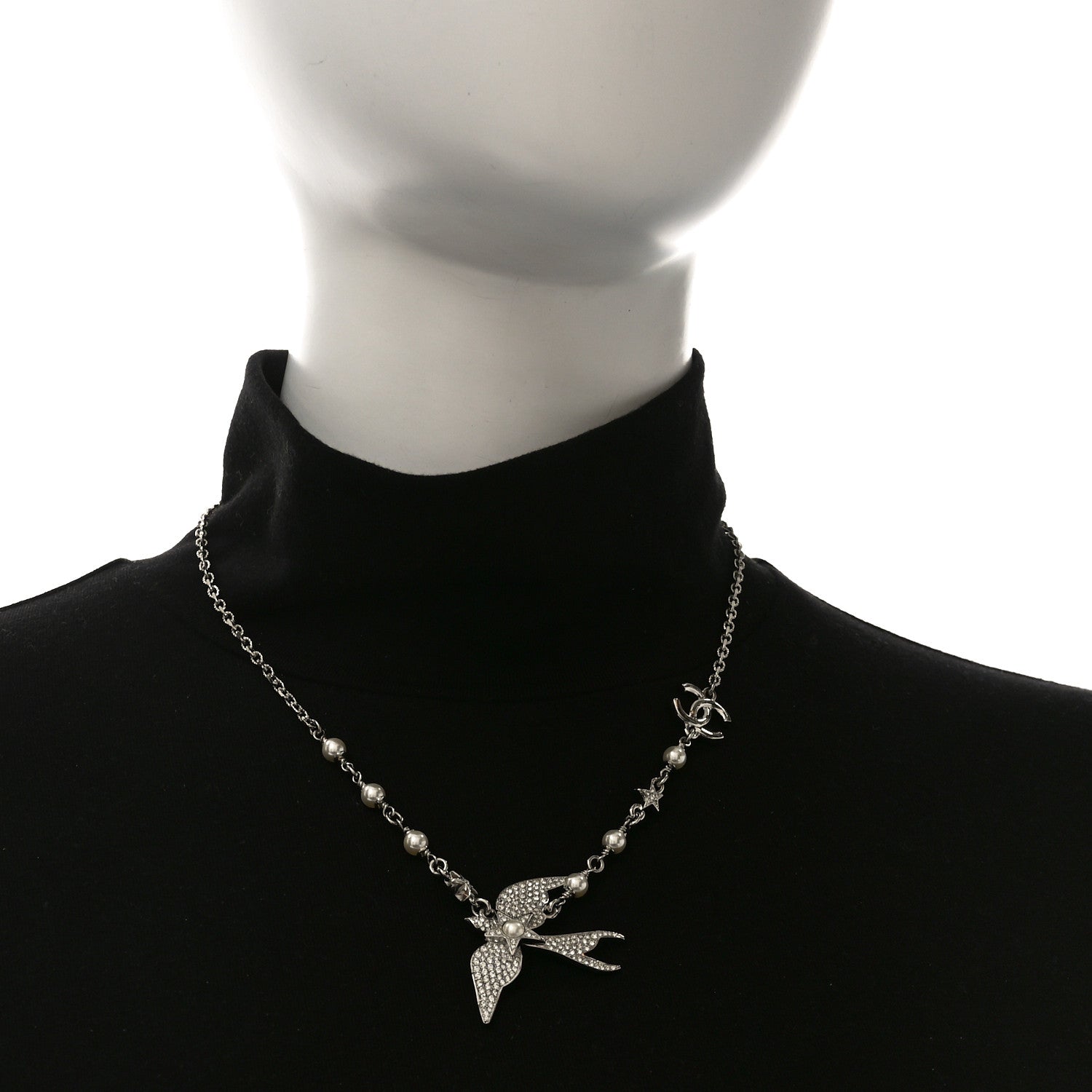 Chanel Pearl Crystal CC Star Bird Necklace Silver Pearly White 2 of 5