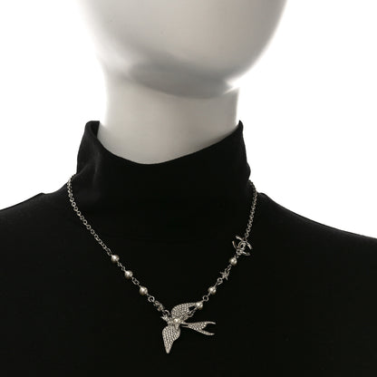 Chanel Pearl Crystal CC Star Bird Necklace Silver Pearly White 2 of 5