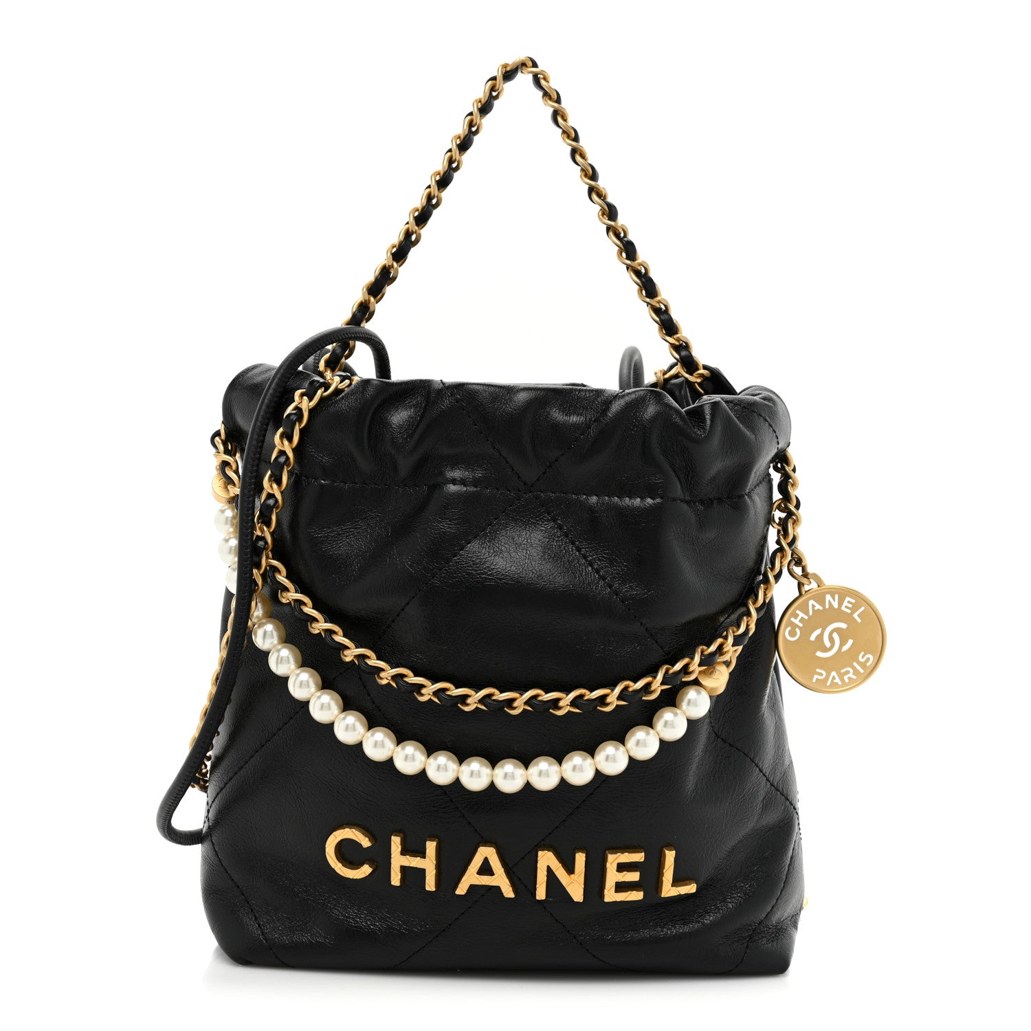CHANEL Shiny Crumpled Calfskin Quilted Pearl Mini Chanel 22 in the color Black by FASHIONPHILE