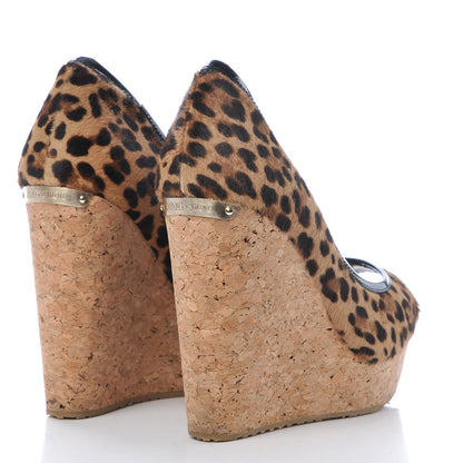 Jimmy Choo Calf Hair Leopard Print Papina 130 Wedge Sandals 37 4 of 9
