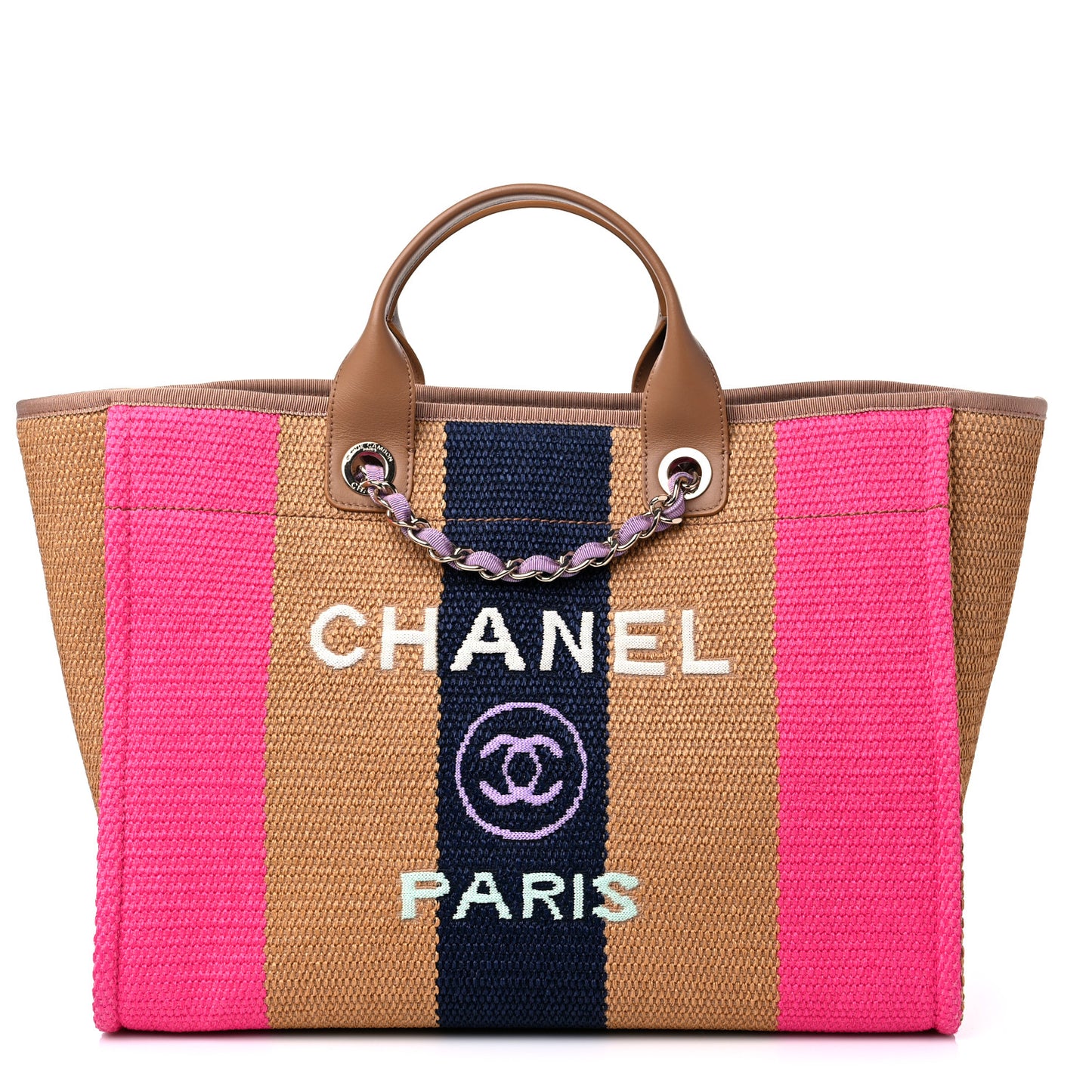 Straw Raffia Calfskin Striped Medium Deauville Tote Dark Beige Fuchsia Navy Blue