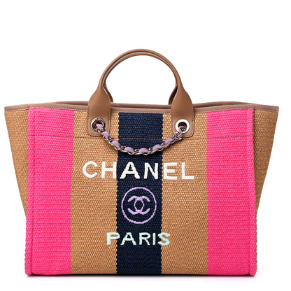 Chanel Straw Raffia Calfskin Striped Medium Deauville Tote Dark Beige Fuchsia Navy Blue 1 of 10