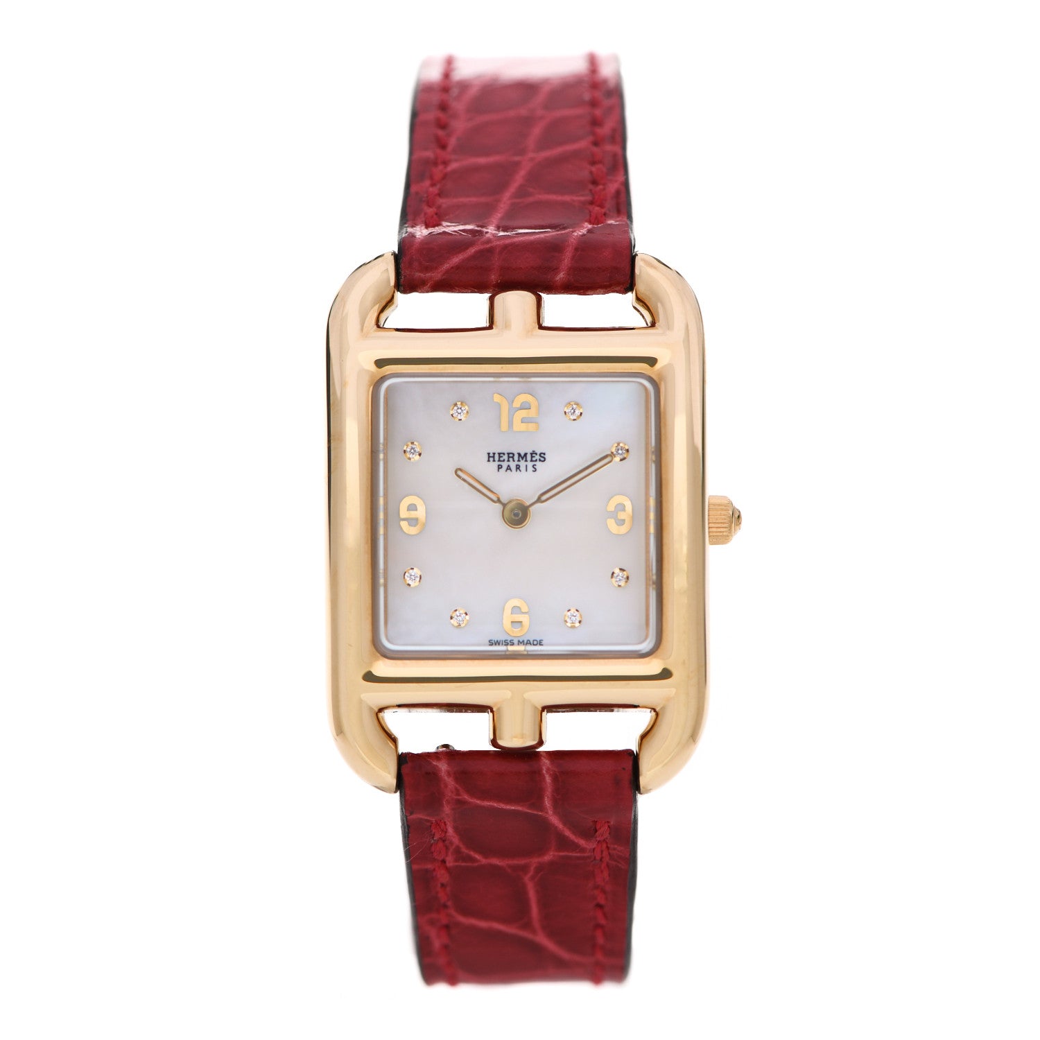 Hermes 18K Yellow Gold Alligator Diamond Mother of Pearl 23mm Cape Cod Quartz Watch Braise 1 of 5