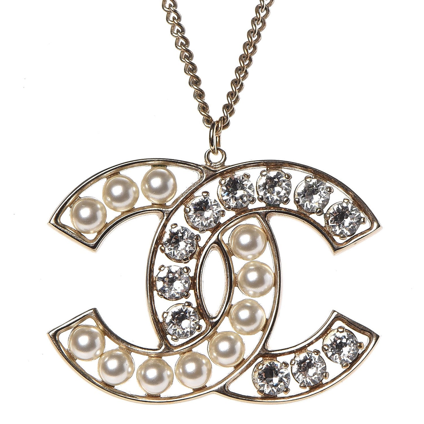 Crystal Pearl CC Pendant Necklace Gold