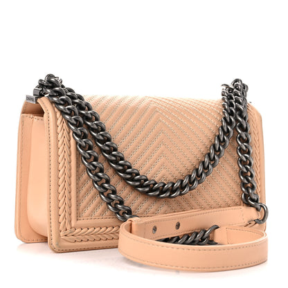 Chanel Calfskin Chevron Quilted Medium Braided Boy Flap Beige 3 of 15